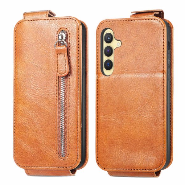 Vertical Samsung Galaxy S24 Plus flip phone case with zipper - Brown For Cheap