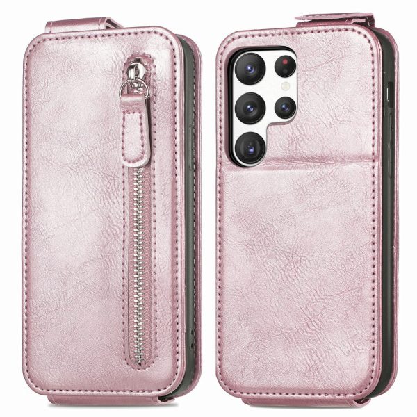 Vertical Samsung Galaxy S23 Ultra flip phone case with zipper - Rose Gold Discount