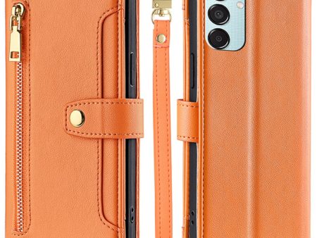 Samsung Galaxy M15 vegan leather wallet zipper case - Orange Online