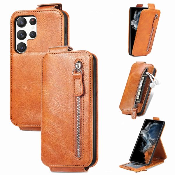 Vertical Samsung Galaxy S23 Ultra flip phone case with zipper - Brown on Sale