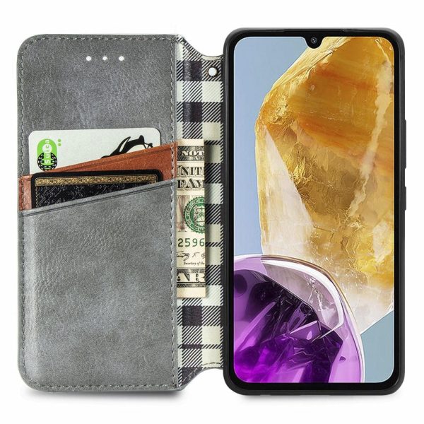 Samsung Galaxy M15 leather case with a stylish rhombus imprint - Grey Hot on Sale