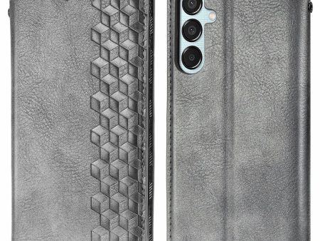 Samsung Galaxy M15 leather case with a stylish rhombus imprint - Grey Hot on Sale