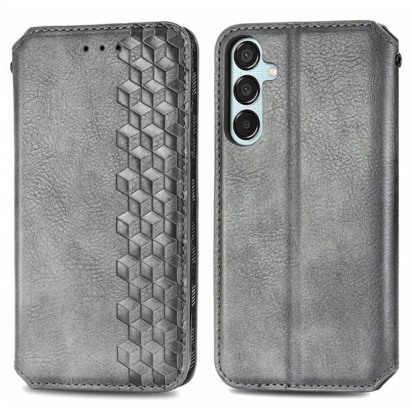 Samsung Galaxy M15 leather case with a stylish rhombus imprint - Grey Hot on Sale