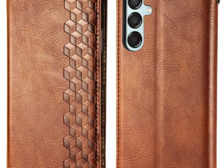 Samsung Galaxy M15 leather case with a stylish rhombus imprint - Brown Online Sale