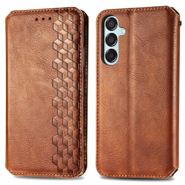 Samsung Galaxy M15 leather case with a stylish rhombus imprint - Brown Online Sale