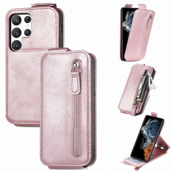 Vertical Samsung Galaxy S23 Ultra flip phone case with zipper - Rose Gold Discount