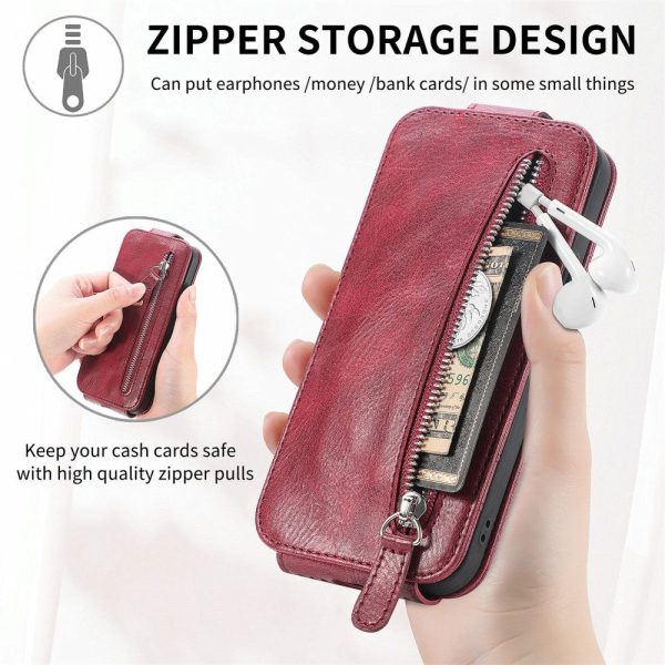 Vertical Samsung Galaxy S24 Ultra flip phone case with zipper - Wine Red Cheap