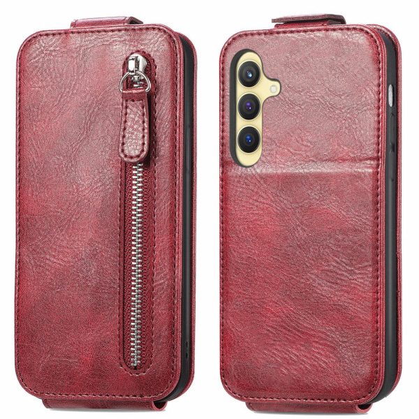 Vertical Samsung Galaxy S24 flip phone case with zipper - Wine Red For Cheap