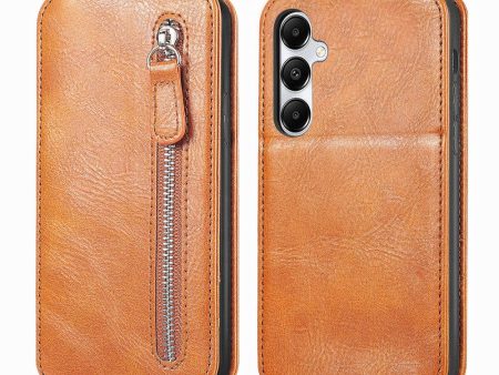 Vertical Samsung Galaxy A15 flip phone case with zipper - Brown Cheap