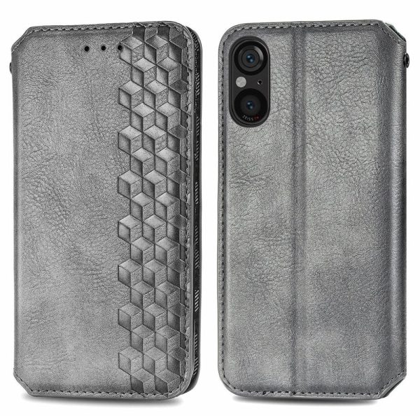 Sony Xperia 5 V leather case with a stylish rhombus imprint - Grey Supply