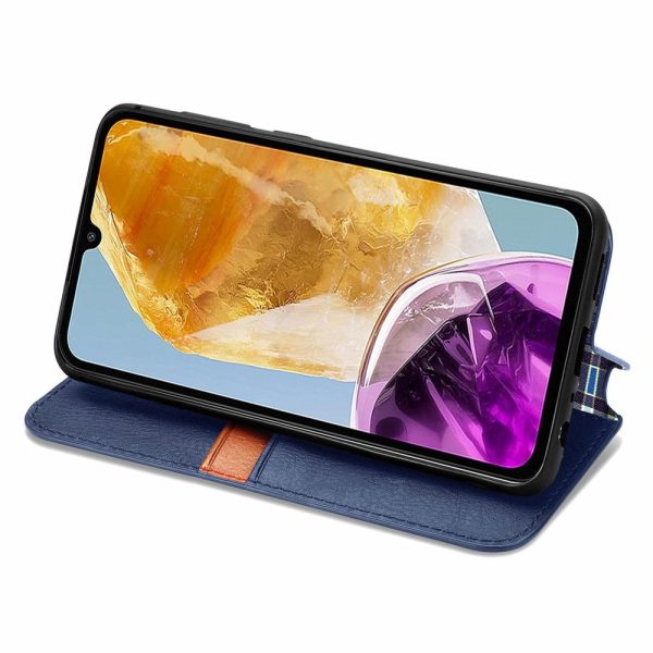 Samsung Galaxy M15 leather case with a stylish rhombus imprint - Blue Online