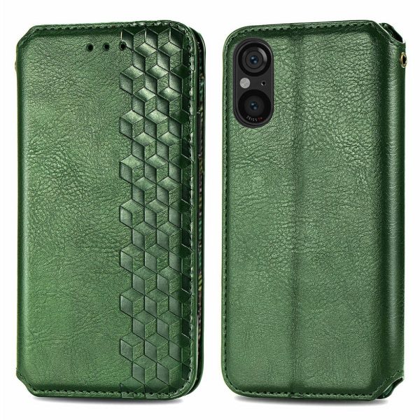 Sony Xperia 5 V leather case with a stylish rhombus imprint - Green Online Hot Sale