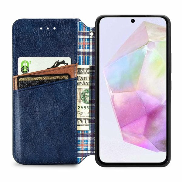 Samsung Galaxy A35 leather case with a stylish rhombus imprint - Blue Online now