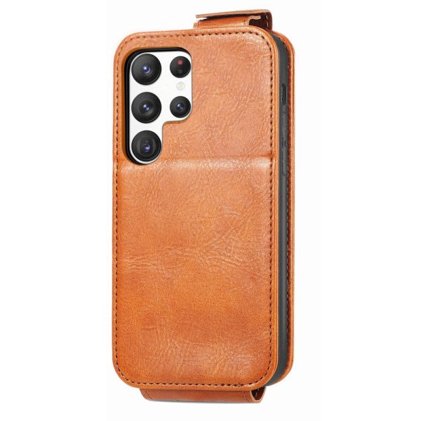 Vertical Samsung Galaxy S23 Ultra flip phone case with zipper - Brown on Sale