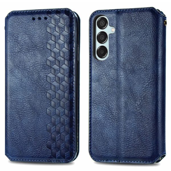 Samsung Galaxy M15 leather case with a stylish rhombus imprint - Blue Online