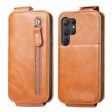 Vertical Samsung Galaxy S24 Ultra flip phone case with zipper - Brown Cheap