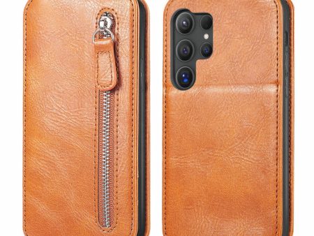 Vertical Samsung Galaxy S24 Ultra flip phone case with zipper - Brown Cheap