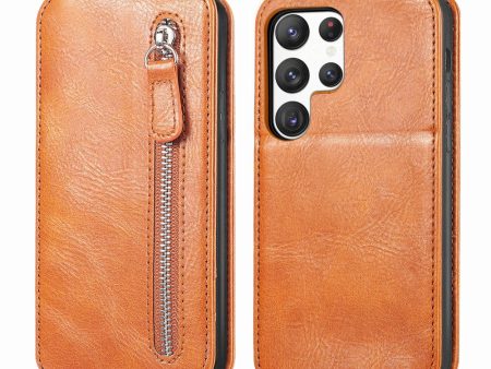 Vertical Samsung Galaxy S23 Ultra flip phone case with zipper - Brown on Sale