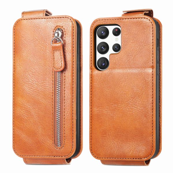 Vertical Samsung Galaxy S23 Ultra flip phone case with zipper - Brown on Sale