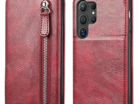 Vertical Samsung Galaxy S24 Ultra flip phone case with zipper - Wine Red Cheap