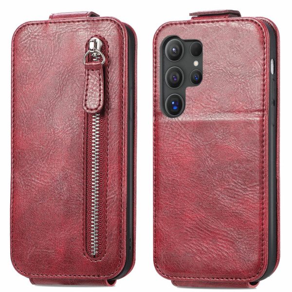 Vertical Samsung Galaxy S24 Ultra flip phone case with zipper - Wine Red Cheap