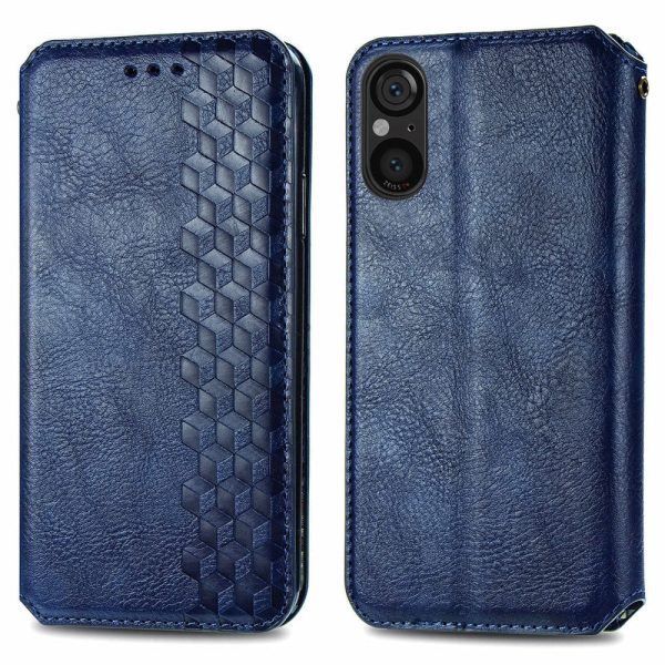 Sony Xperia 5 V leather case with a stylish rhombus imprint - Blue Discount