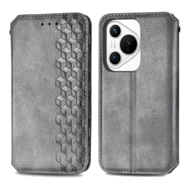 Huawei Pura 70 leather case with a stylish rhombus imprint - Grey For Sale