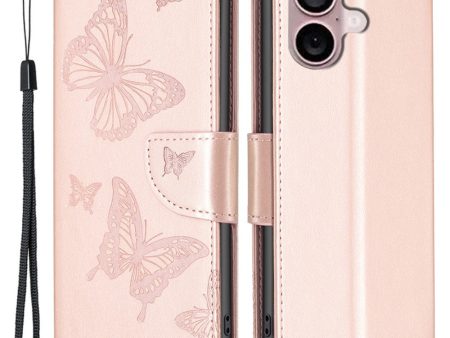 Butterfly iPhone 16 Plus Leather Case - Rose Gold Hot on Sale