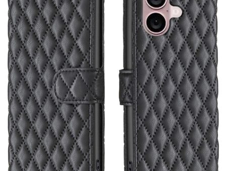 Rhombus pattern matte iPhone 16 Plus flip case - Black For Cheap