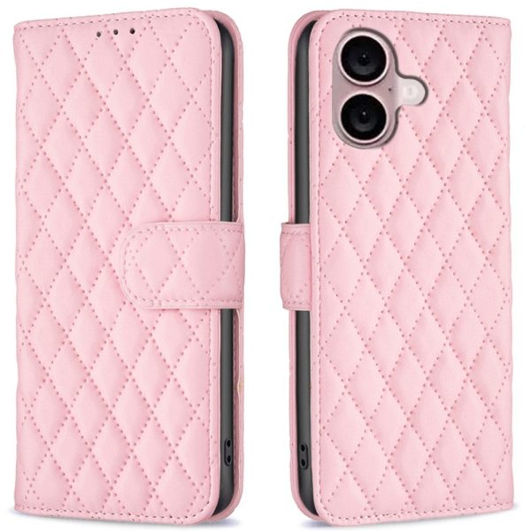 Rhombus pattern matte iPhone 16 flip case - Pink on Sale