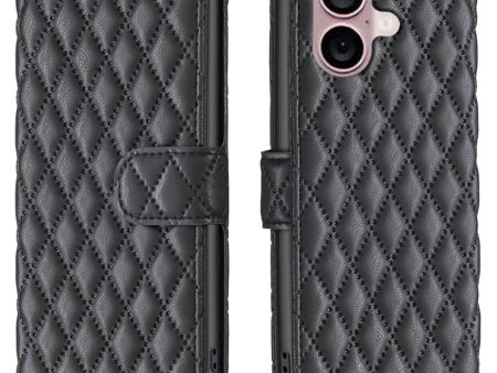 Rhombus pattern matte iPhone 16 flip case - Black For Cheap