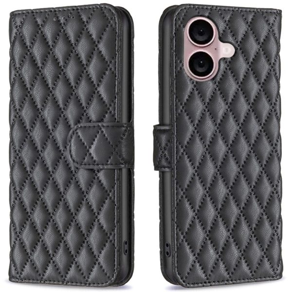 Rhombus pattern matte iPhone 16 flip case - Black For Cheap