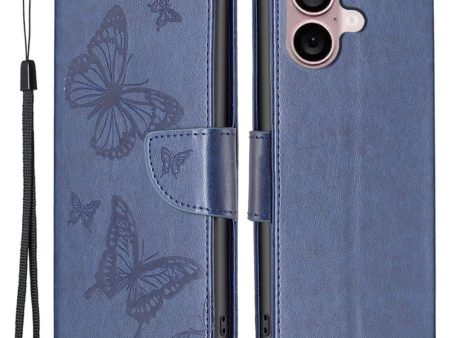 Butterfly iPhone 16 Plus Leather Case - Dark Blue For Cheap