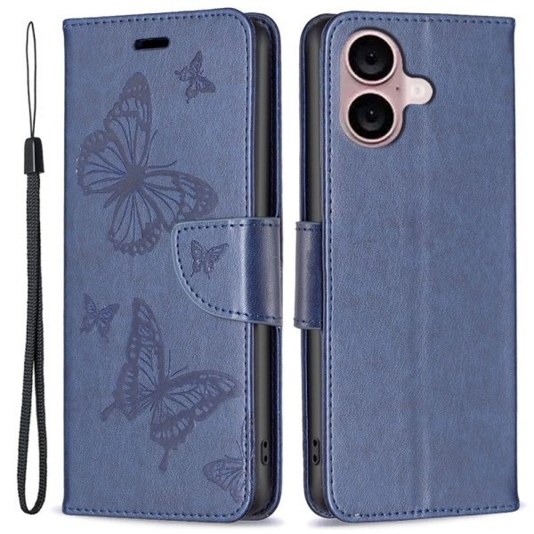 Butterfly iPhone 16 Plus Leather Case - Dark Blue For Cheap