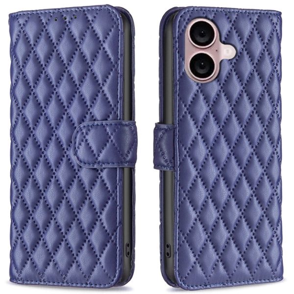 Rhombus pattern matte iPhone 16 Plus flip case - Blue For Sale